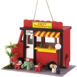 Village Hot Dog Food Truck Birdhouse with hanging loop and cleanout