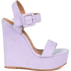 Lilac Teal Purple Suede Open Toe Buckled Ankle Strap Platform Wedge