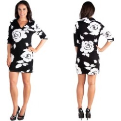 24seven Comfort Apparel Classy Black and White Rose Print Collared Min
