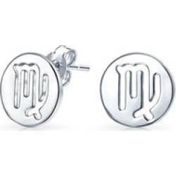 .925 Silver Virgo Zodiac Sign Round Disc Stud Earrings