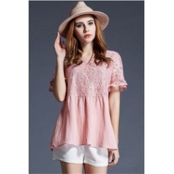 Women Short Sleeves Plus Size Lace Shirt and Blouse - KMWSB792