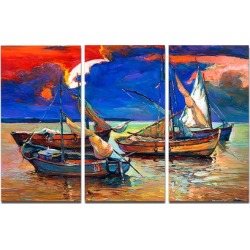 Fishing Boats Under Blue Sky Seascape Metal Wall Art 36x28 3 Panels
