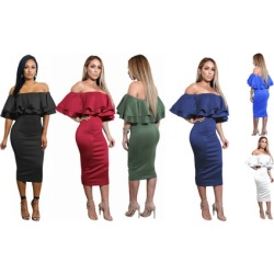 Women's Evening Party Cocktail Off Shoulder Ruffle Bodycon Midi Dress