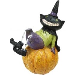 5.5" Black Cheshire Cat Sitting on Pumpkin Halloween Figure