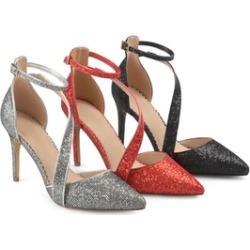 Journee Collection Womens Asymmetrical Strap Pointed Toe Glitter Heels