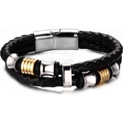 Leather Bracelet Bangle Double Braided Jewelry Stainless Steel Metal