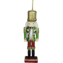 6" Green Red Gold Wood Glitter Christmas Soldier Nutcracker Ornament