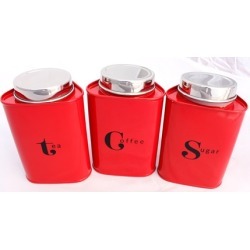 Triangular Tea Coffee and Sugar Red Canisters, Set of 3