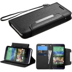 Insten Folio Leather Case Lanyard w/stand/Card For HTC Desire 510Black