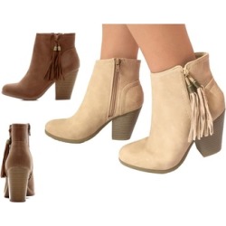 Soda Women's Caption Faux Leather Closed Toe Tassel Stacked Heel Ankle
