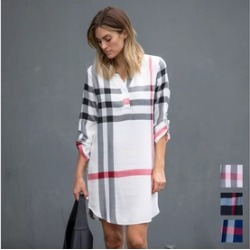 Roll-Tab Plaid Print Dress