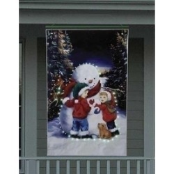 4' Lighted Snowman with Children Christmas Banner