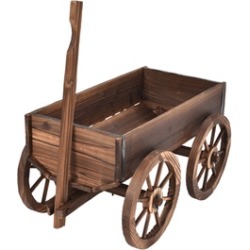 Costway Wood Wagon Flower Planter Pot Stand W/Wheels Home Garden Decor