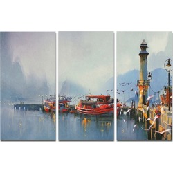 Fishing Boats in Harbor Landscape Metal Wall Art 36x28 3 Panels