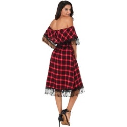 Women's Off Shoulder Fringe Dress Scotland Plaid Cocktail Party Dress