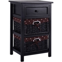 Black Night Stand 3 Tiers 1 Drawer Bedside End Table Organizer Wood W/2 Baskets