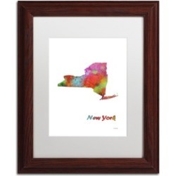 Marlene Watson 'New York State Map-1' Matted Wood Framed Art
