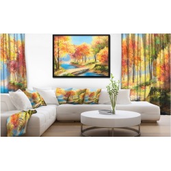 Wooden Bridge in Colorful Forest - Landscape Art Print Framed Canvas