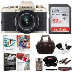 Fujifilm X-T100 Digital Camera with 15-45mm Lens (Gold) and Accessories Bundle