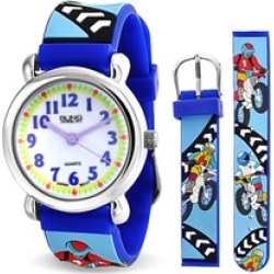 Bling Jewelry Boys Blue Bike Sports Kids Watch Stainless Steel Back