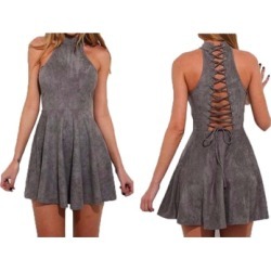 Over The neck Gray Lace Up Mini Dress