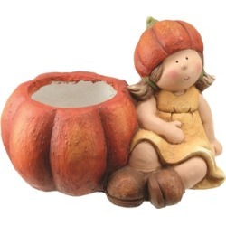 13.75" Sitting Girl with Orange Pumpkin Pot Thanksgiving Figure