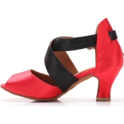 Women's Red Latin Dance Shoes Wide Straps Suede Sole 2.5" Flare Heels