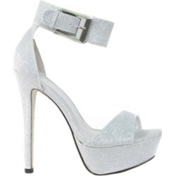Silver Glittery Ankle Buckle Strap Detailing Platform Pump High Heels