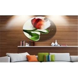 Big Red Flower with Green Leaves' Floral Metal Round Wall Decor