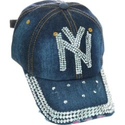 New York NY Rhinestone Studded Frayed Blue Denim Bling Baseball Cap Ad