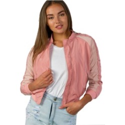 Pink Color Block Stand Collar Zipper Long Sleeve Bomber Jacket