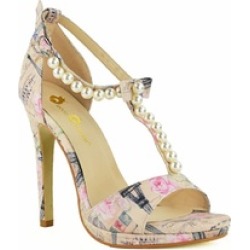 Paris Shimmer Pearls Bows T Strap Faux Leather Women Heels
