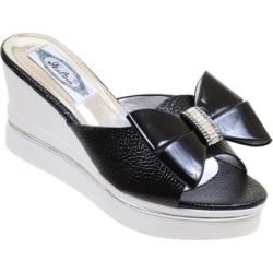 Bows Bling Open-Toe Slide Shoes Black Patent Wedge Heels Women's