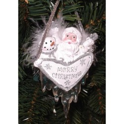 Merry Christmas Santa & Snowman Ornament With Feathers & Icicles