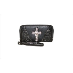 Texas West Rhinestone Cross Embroidered Leather Womens Wallet