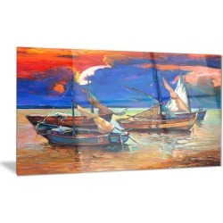 Fishing Boats Under Blue Sky Seascape Metal Wall Art 28x12