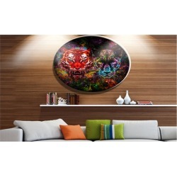 Tiger and Panther with Splashes' Ultra Vibrant Animal Metal Circle Wall Art