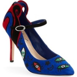 Isa Tapia Barcelona Embroidered Suede Mary Jane Closed Pointed-Toe Heels Pump