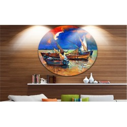 Fishing Boats Under Blue Sky' Seascape Circle Metal Wall Art