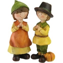 2 Traditional Boy and Girl Pilgrim Thanksgiving Figurines 7.5"