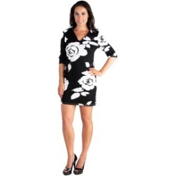 24seven Comfort Apparel Classy Black and White Rose Print Collared Mini Dress