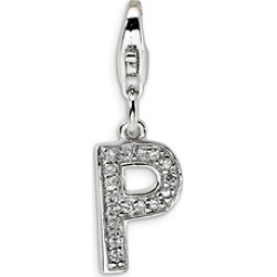 Silver Rhodium Plated Synthetic CZ Letter P with Lobster Clasp Charm