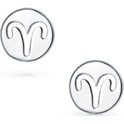 .925 Sterling Silver Aries Zodiac Sign Round Disc Stud Earrings