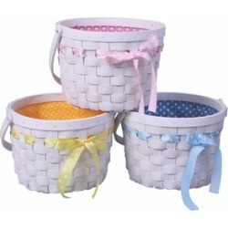 Set of 3 White Painted Lined Wooden Easter Gift Baskets, Bright Bows