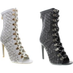 Moca Woman's Flower Design Lace Up Open Toe Bootie Heels