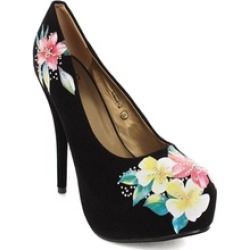 Faux Suede Floral Decor Pump Stiletto Heels Black