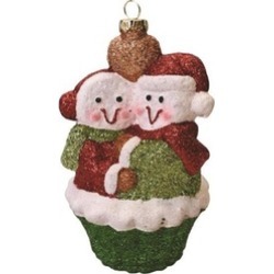 5" Merry & Bright Green Red White Snowman Couple Christmas Ornament