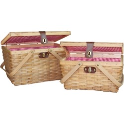 Gingham Lined Wood Picnic Baskets Set of 2