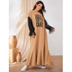 Slogan Print Mesh Flounce Sleeve Hijab Dress