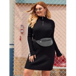Plus Contrast Panel Zipper Ribbed Sweater Dress Without Bag